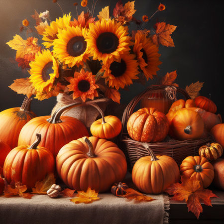 Autumn photo of composition of pumpkins, fall leaves and sunflowers. Thanksgiving season banner. ai generative.の素材