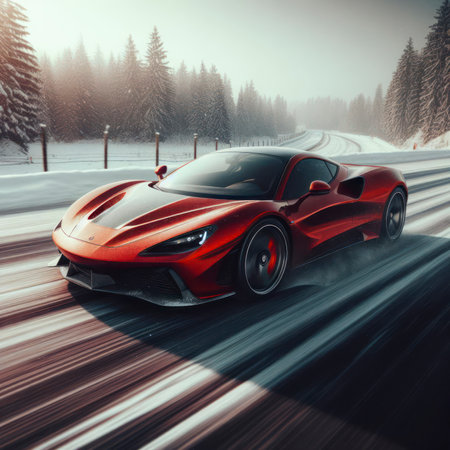 A luxury red sports car running in a road with snow. ai generative.の素材