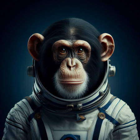 Chimpanzee in a space suit portrait on dark blue background. ai generative.の素材
