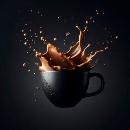 Coffee splash in flying black ceramic coffee cup on solid dark background. ai generative.の素材