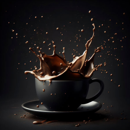 Coffee splash in flying black ceramic coffee cup on solid dark background. ai generative.の素材