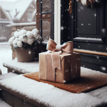 gift shop delivery, parcel box with a bow on a house doorstep snowy day weather in the countryside. ai generative.の素材