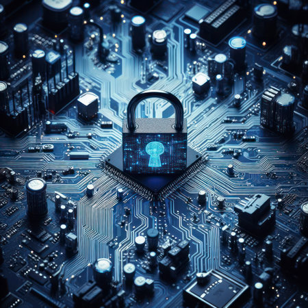 Cybersecurity concept. Padlock circuit board data center. ai generative.の素材