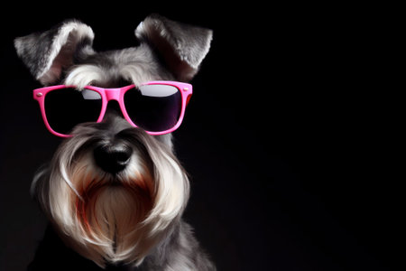Cool pink sunglasses on the face of a schnauzer on black background. ai generative.の素材
