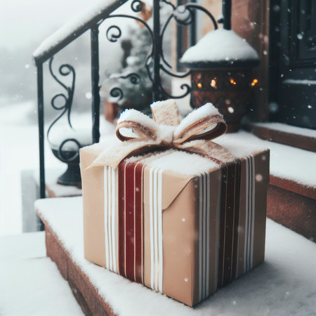 gift shop delivery, parcel box with a bow on a house doorstep snowy day weather in the countryside. ai generative.の素材