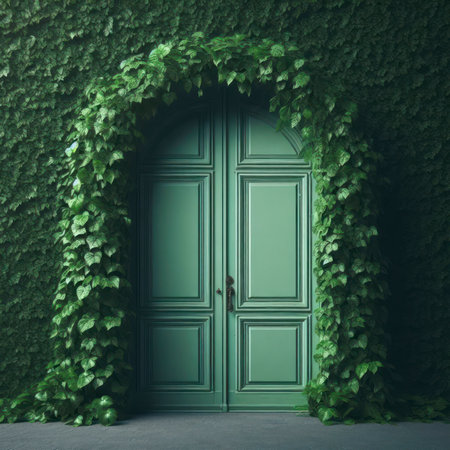 Green door with leaves wall. Naturalistic concept. ai generative.の素材