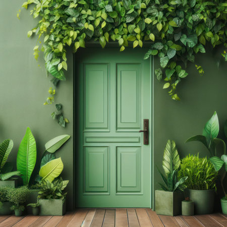Green door with leaves wall. Naturalistic concept. ai generative.の素材