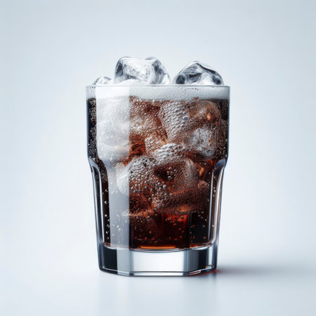 Glass of soda with ice on solid white background. ai generative.の素材