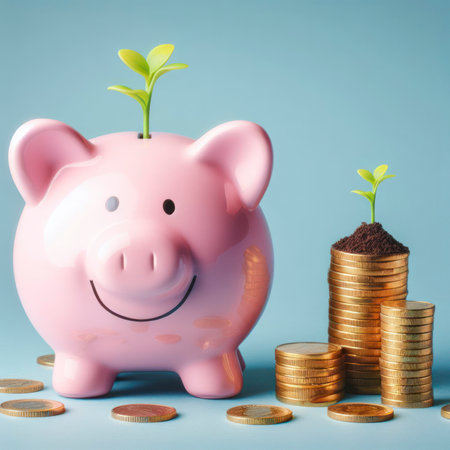 Smiling pink pig piggy bank, a stack of gold coins and a green plant growing, isolated on blue background. ai generative.の素材