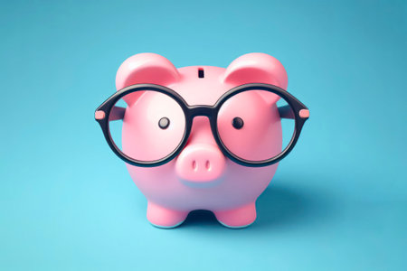 Pink piggy bank with eyeglasses with graphics on solid blue background. ai generative.の素材