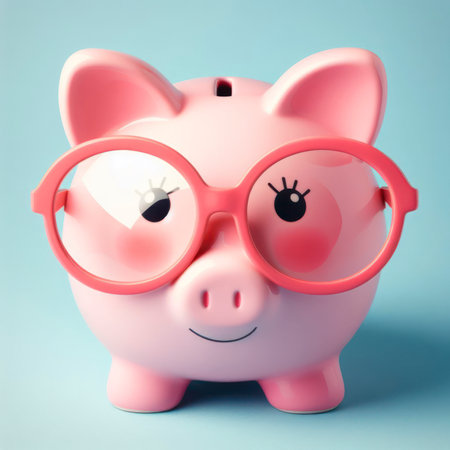 Pink piggy bank with eyeglasses with graphics on solid blue background. ai generative.の素材