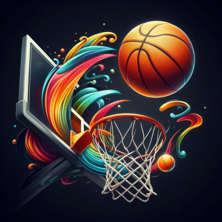 realistic colorful photo basketball hoop and ball fly too basket on solid black background. ai generative.の素材
