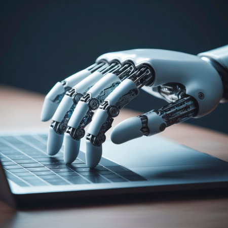 side view of a Robot hand using a laptop close up. ai generative.の素材