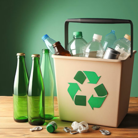 Recycling bin with bottles on wooden table closeup view on solid green background. ai generative.の素材