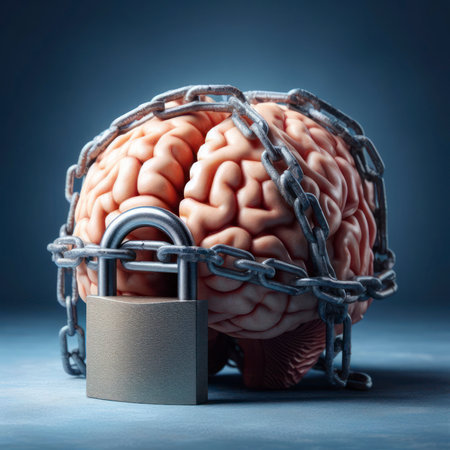 realistic photo Human brain in chains on a padlock on a blue background. ai generative.の素材
