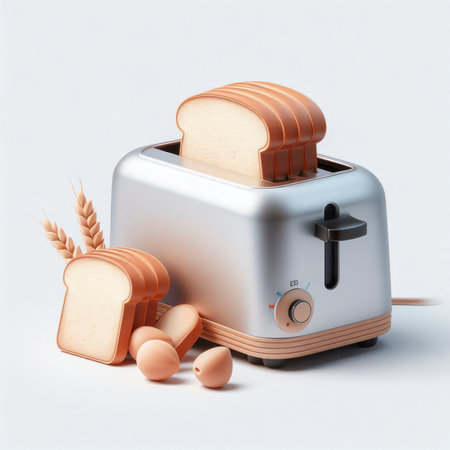 Photo of a Toaster and bread cut out isolated on solid white background. ai generative.の素材