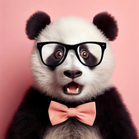 photo of a real animal surprised panda wear glasses on solid pink background. ai generative.の素材