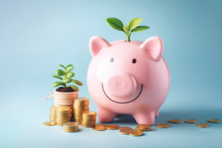 Smiling pink pig piggy bank, a stack of gold coins and a green plant growing, isolated on blue background. ai generative.の素材
