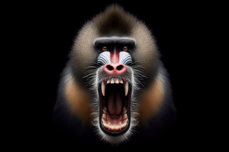 Photo of a Angry disgruntled mandrill monkey on a solid black background. ai generative.の素材