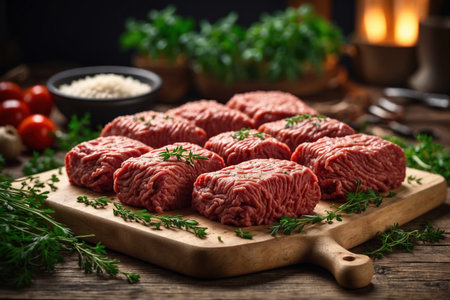Raw ground beef ready to be cooked on a wooden board with herbs. ai generative.の素材