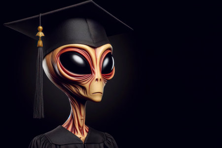 Photo portrait of a Alien wear graduation hat on solid black background. ai generative.の素材