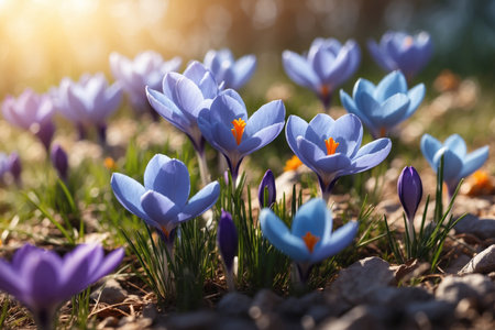 Blue crocus flowers in a serene spring meadow with sunlit abstract backdrop. ai generative.の素材