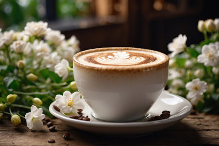 Beautiful Cappuccino on a Wooden Table with Spring Flowers. ai generative.の素材