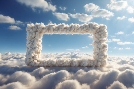 Rectangular text frame surrounded by fluffy clouds. ai generative.の素材