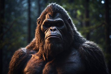 portrait of a Bigfoot wood ape in a North American forest at night. Sasquatch in the woods. ai generative.の素材