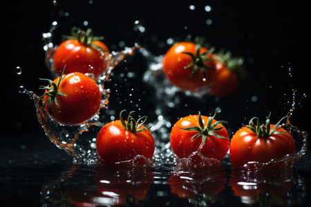 Tomatoes splashing in the water on a black background. ai generative.の素材