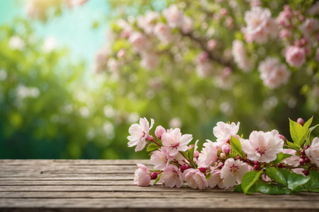 blossoms on a table in a beautiful green garden with a blurred bokeh. ai generative.の素材