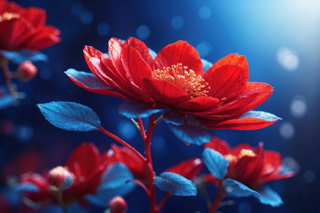 A blue backdrop showcases a red blossom with two layers of petals. ai generative.の素材