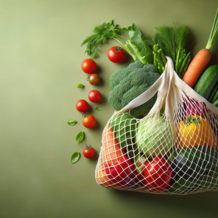 Mesh or bag with vegetables on a green background with space for text. ai generative.の素材