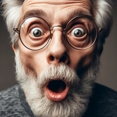 Portrait of amazed old man with an open mouth and big eyes wearing eyeglasses on solid blue background. ai generative.の素材