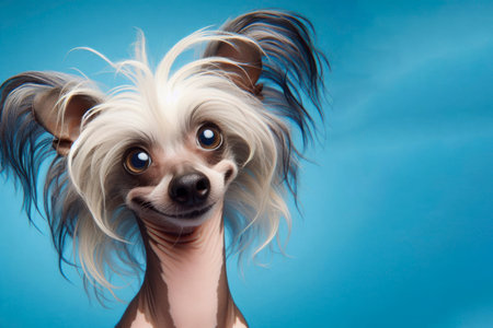 Studio portrait of a Chinese crested with a surprised face on a blue bright background. ai generative.の素材
