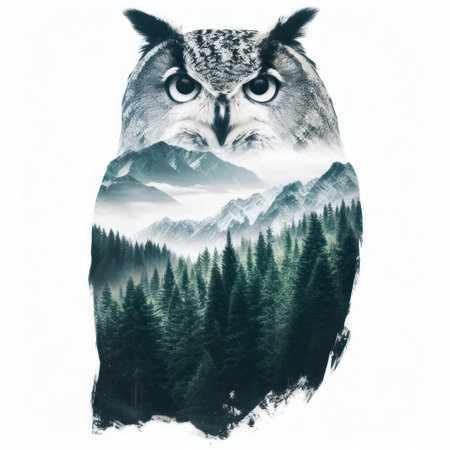Double exposure owl with a forest and mountains isolated on a white background. ai generative.の素材