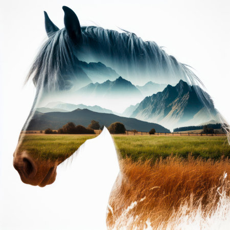 Double exposure horse with a field and mountains isolated on a white background. ai generative.の素材