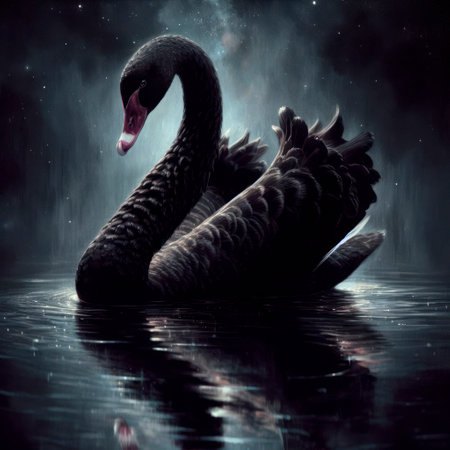 black Swan with its reflection and a black background. ai generative.の素材