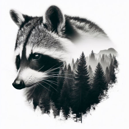 Double exposure raccoon with a forest and mountains isolated on a white background. ai generative.の素材