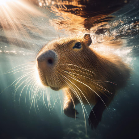 A Capibara swimming underwater close up. ai generative.の素材