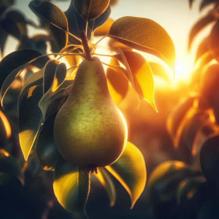 Pears growing with the Sun in the background. A fruit and farming concept. ai generative.の素材