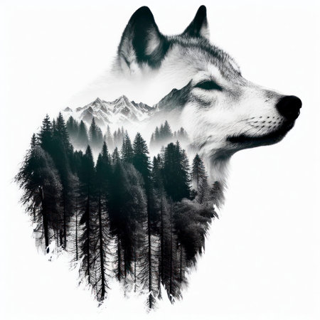 Double exposure Wolf with a forest and mountains isolated on a white background. ai generative.の素材