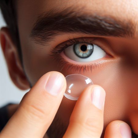 man puts contact lenses closeup on her eye on a white background. ai generative.の素材