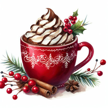 a hot cocoa red cup christmas with whipcream, chirstmas berries, watercolor style on white backgrounds. ai generative.の素材