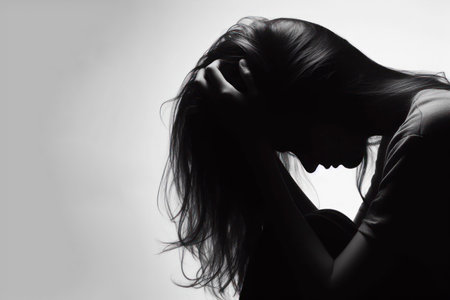 Desperate Young woman Silhouette. Depicting female in a State of Depression and Sorrowful Cruel Emotions. ai generative.の素材