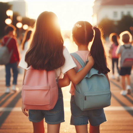 Back view children walking together in friendship. ai generative.の素材