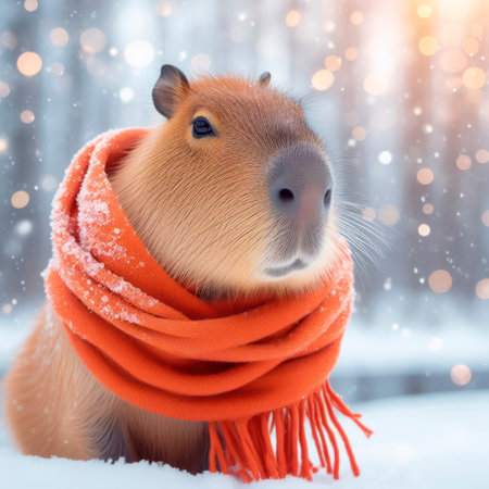 Capybara in an orange scarf on bokeh snow nature background. ai generative.の素材