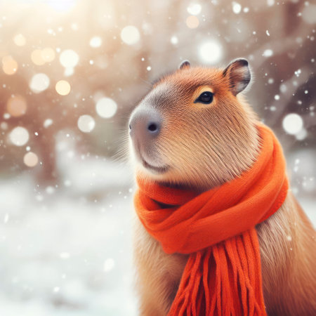 Capybara in an orange scarf on bokeh snow nature background. ai generative.の素材