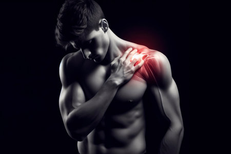 human shoulder pain on black background. ai generative.の素材