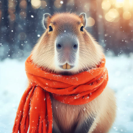 Capybara in an orange scarf on bokeh snow nature background. ai generative.の素材
